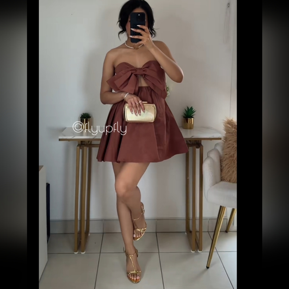 Zara * Bow Mini Dress Brown Size L - Picture 11 of 16